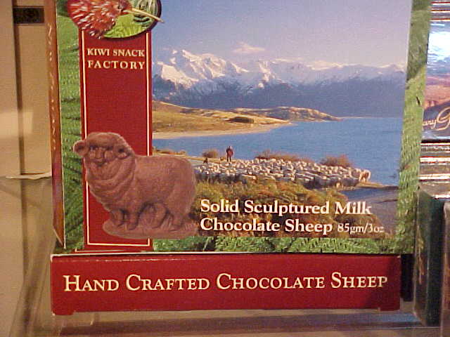 "Hand Crafted Chocolate Sheep.   8.  5g/3oz of Solid Sculpted Milk Chocolate Sheep.    From the Kiwi Snack Factory" (New Zealand, The Travel Addicts, South Island)