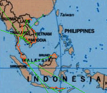 The route SGK and MRA took throughout South East Asia.  Flights in Green