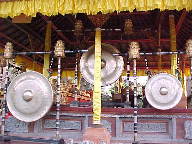 Big golden gongs in the Palace restaurant in Ubud, Bali