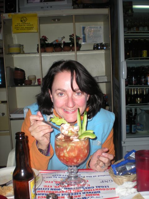 SG enjoying a Cocktel des Camarones : This is the resturant we first visited 4 years ago where they serve a beer with a shrimp stuffed in the neck of the bottle.